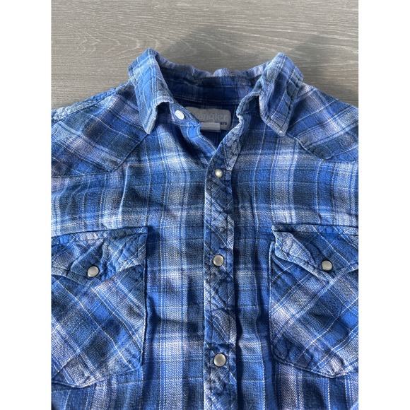Wrangler Wrancher Western Plaid Flannel Shirt Mens Large Blue Cowboy - Picture 1 of 12